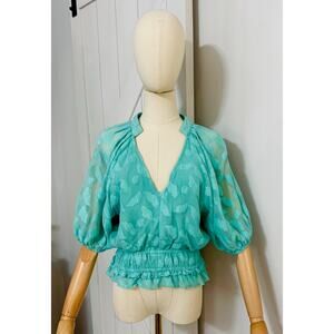 Karina Grimaldi Size S Revolve Aqua Metallic Jaquard Blouse Top